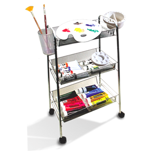 Artist Studio On Wheels with 3 Shelves, 26 Brush Holder Slots, 4" Diam. Brush Washer and Oil Or Medium Jar With Cover