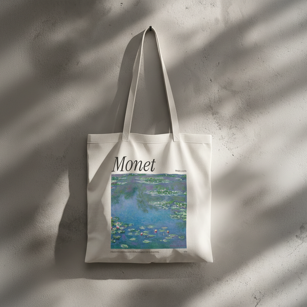 Monet's "Water Lilies" Tote Bag featuring a vibrant artwork design on a white canvas background.